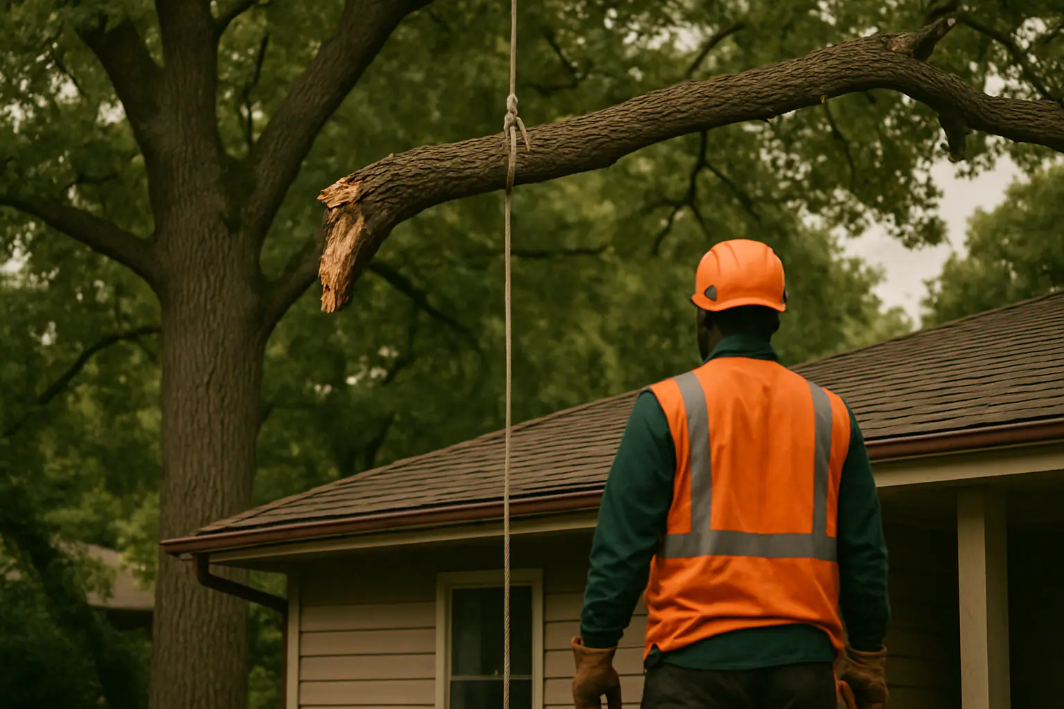 Broken tree limb hanging precariously above a house roofline