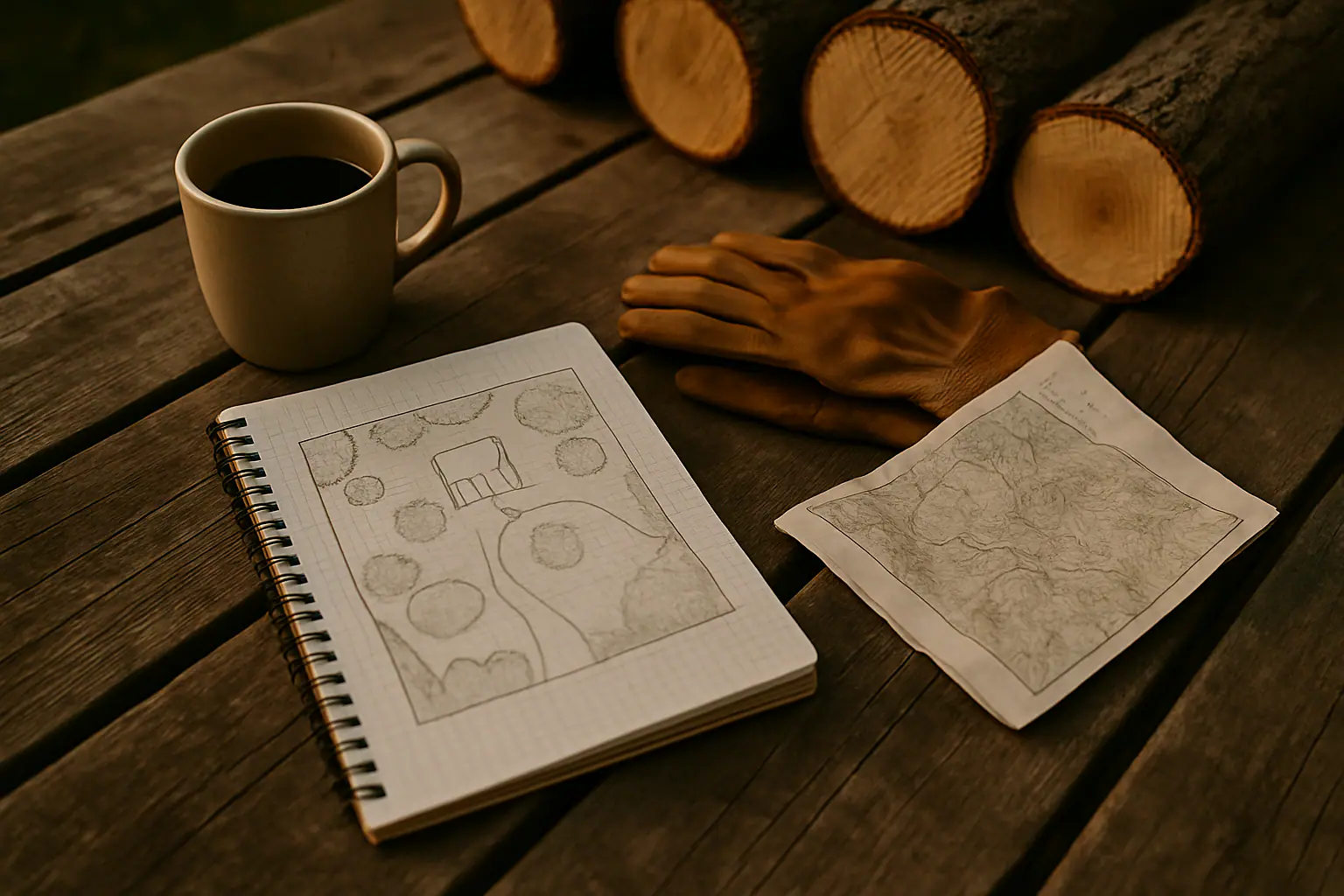 Notebook and planning materials beside fresh-cut firewood rounds