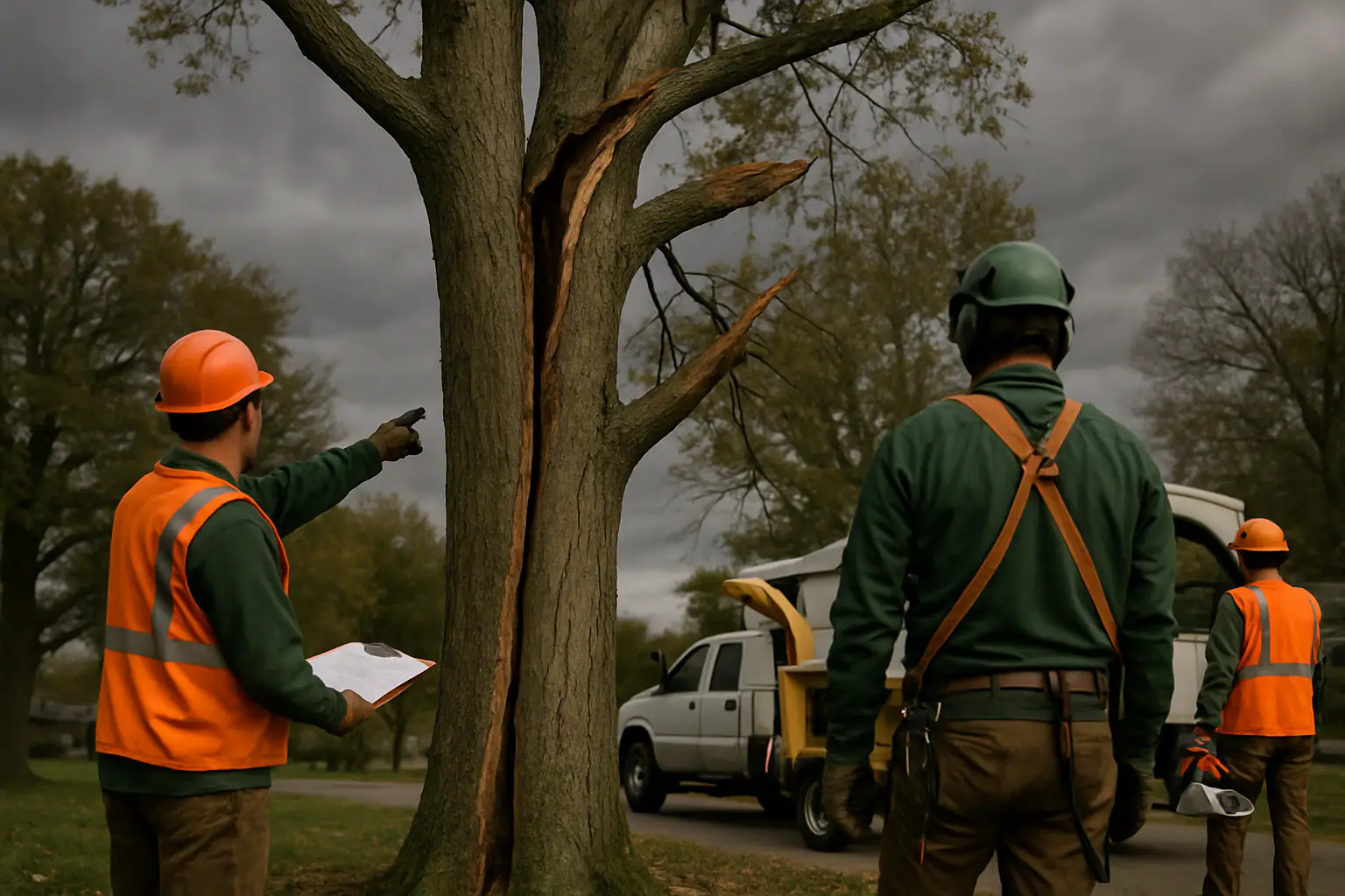 Split tree trunk with storm cracks after severe weather