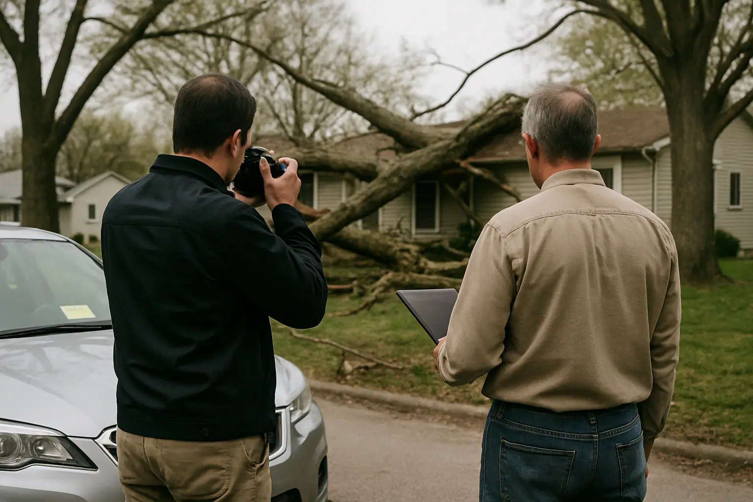 Insurance claim documentation being taken beside a fallen tree