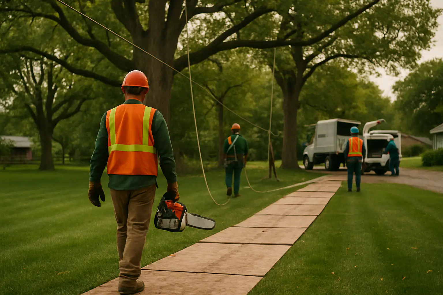 Protective boards laid under equipment path during careful tree removal