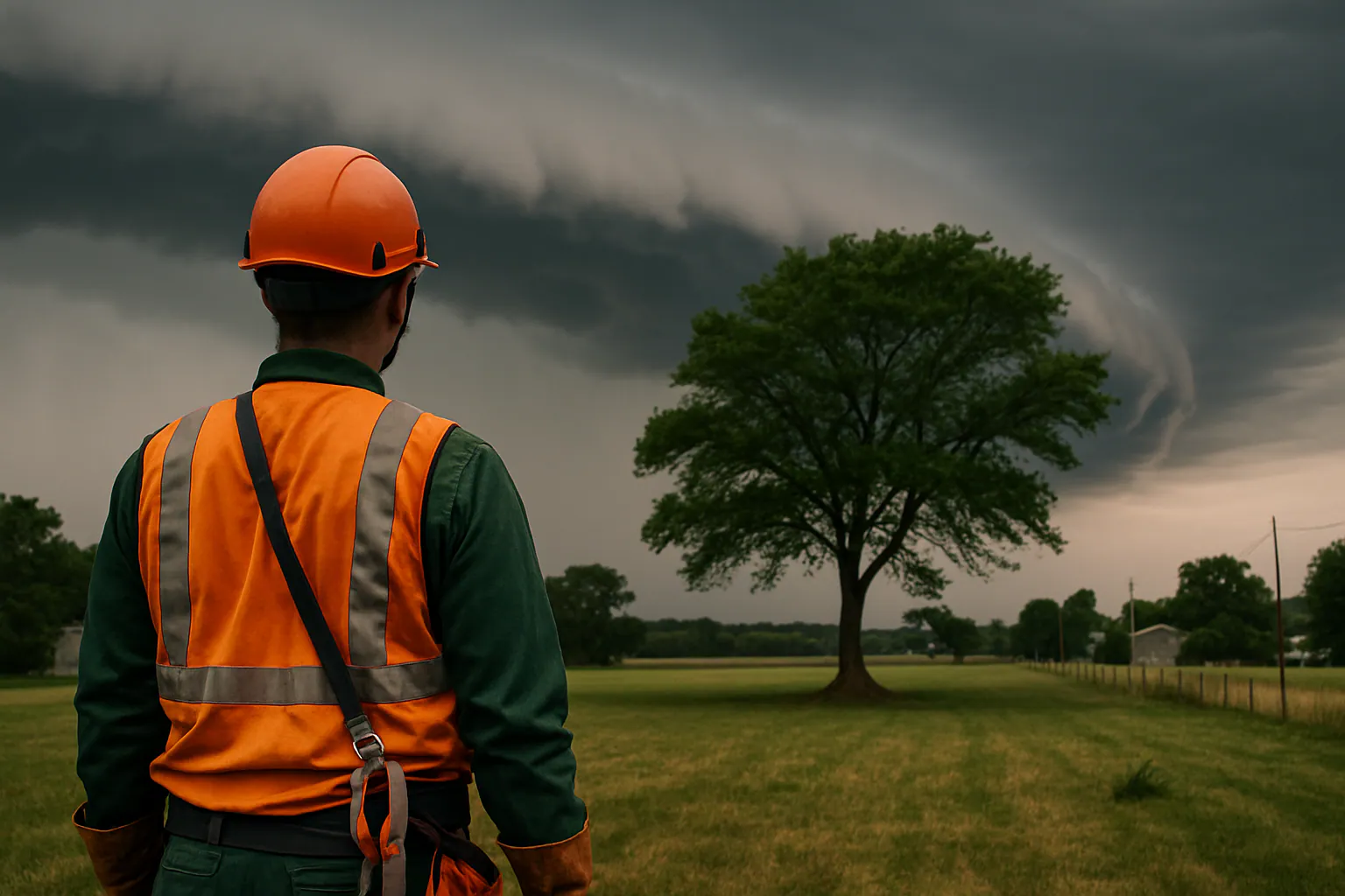 Storm clouds gathering over tree-lined farmland in Missouri