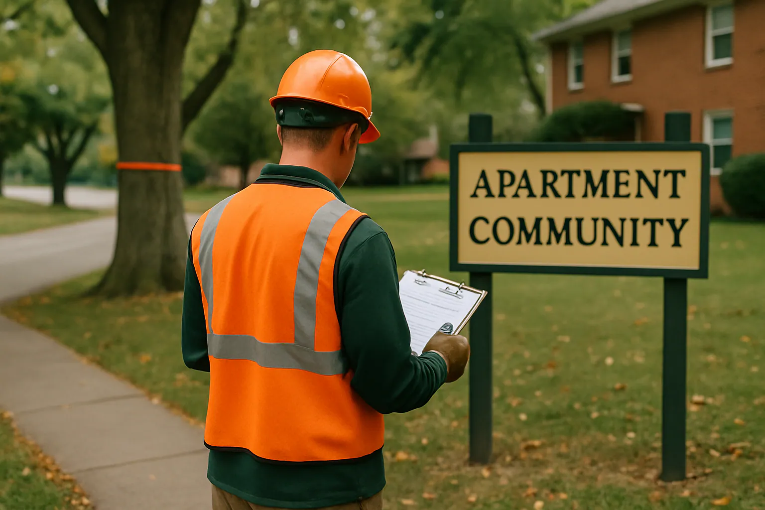Property manager reviewing site plans beside mature landscape trees