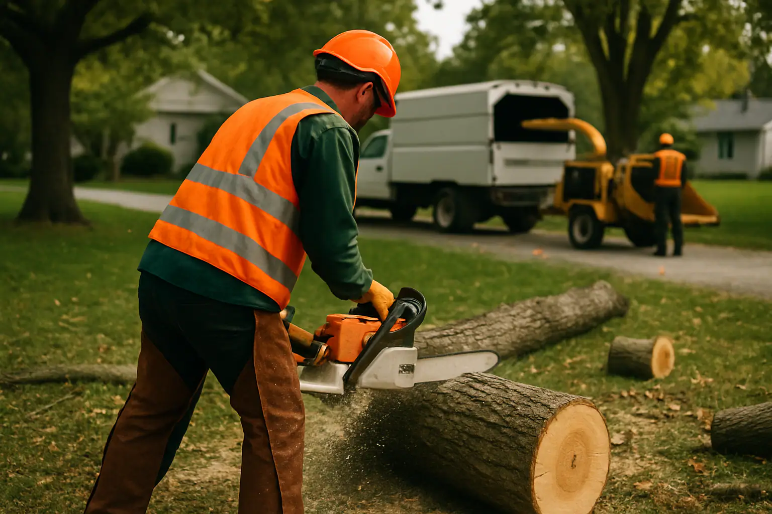 Homeowner cutting a small fallen tree limb with a chainsaw