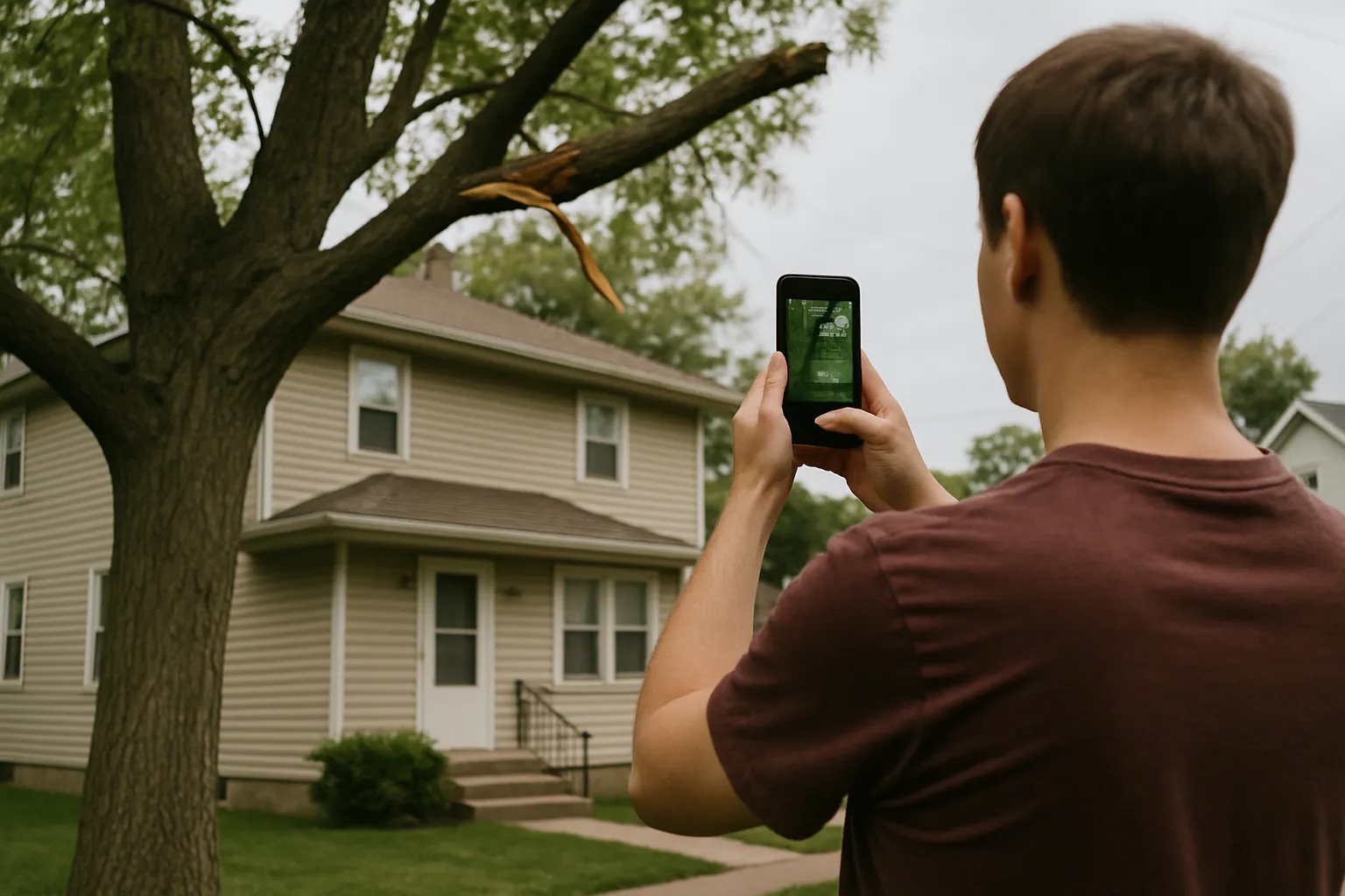 Apartment complex grounds with mature trees needing maintenance review