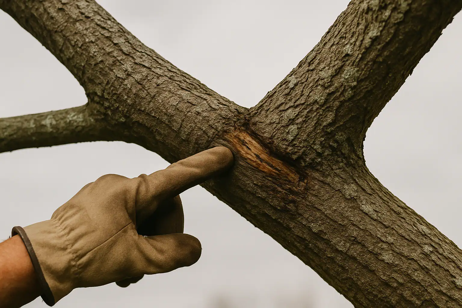 Arborist examining crossing branches in a tree canopy
