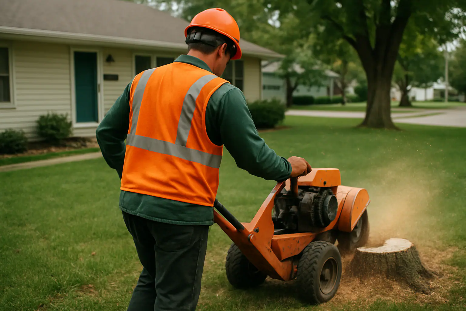 Stump grinder reducing a tree stump to chips in a Missouri lawn