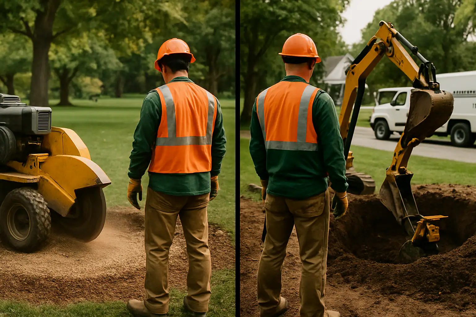Comparison scene of stump grinding machine versus excavated stump hole