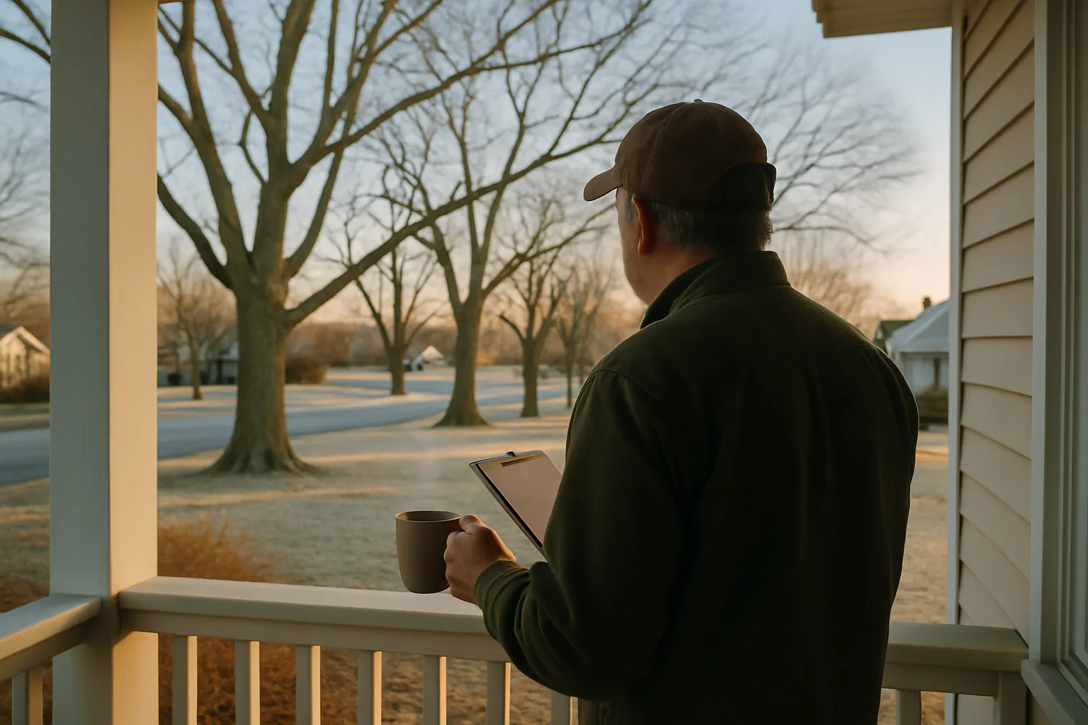 Homeowner inspecting backyard shade trees in Higginsville, Missouri