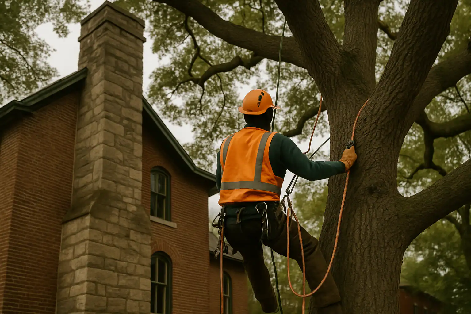 Historic brick home shaded by large mature trees in Lexington, Missouri