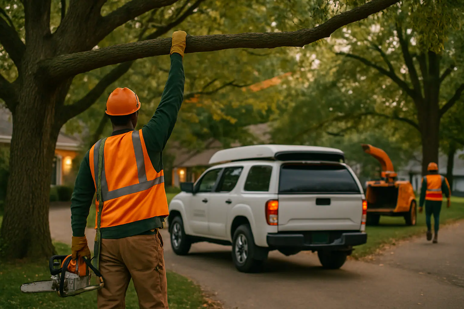 Properly pruned tree branches clearing a house roofline safely