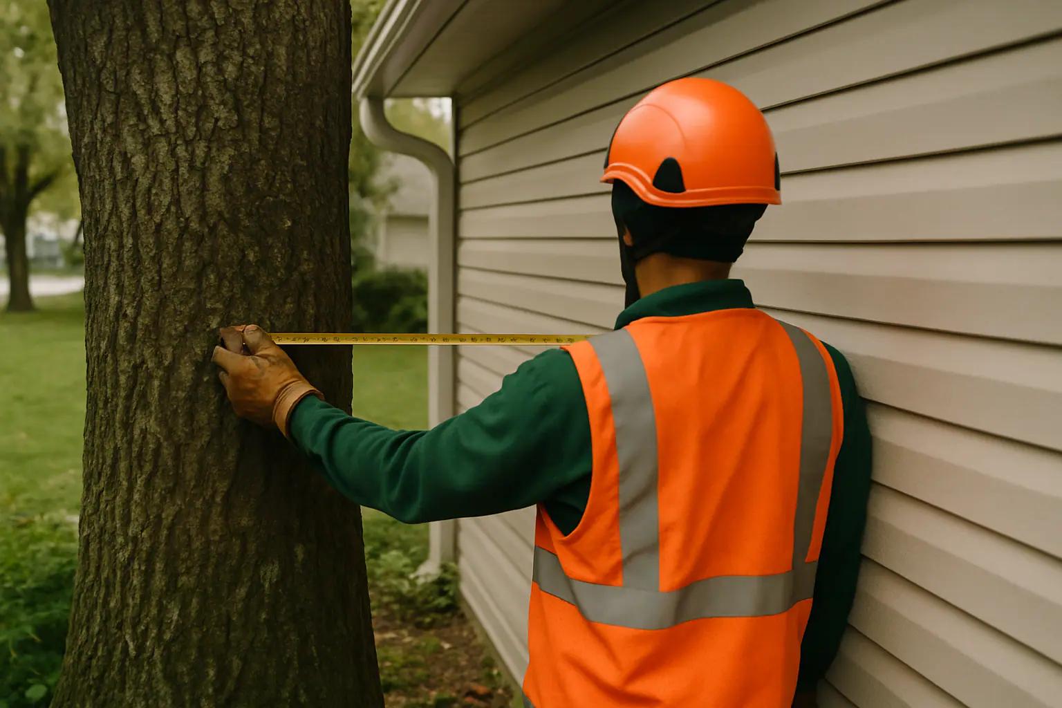 Large tree growing close beside a house wall and roofline
