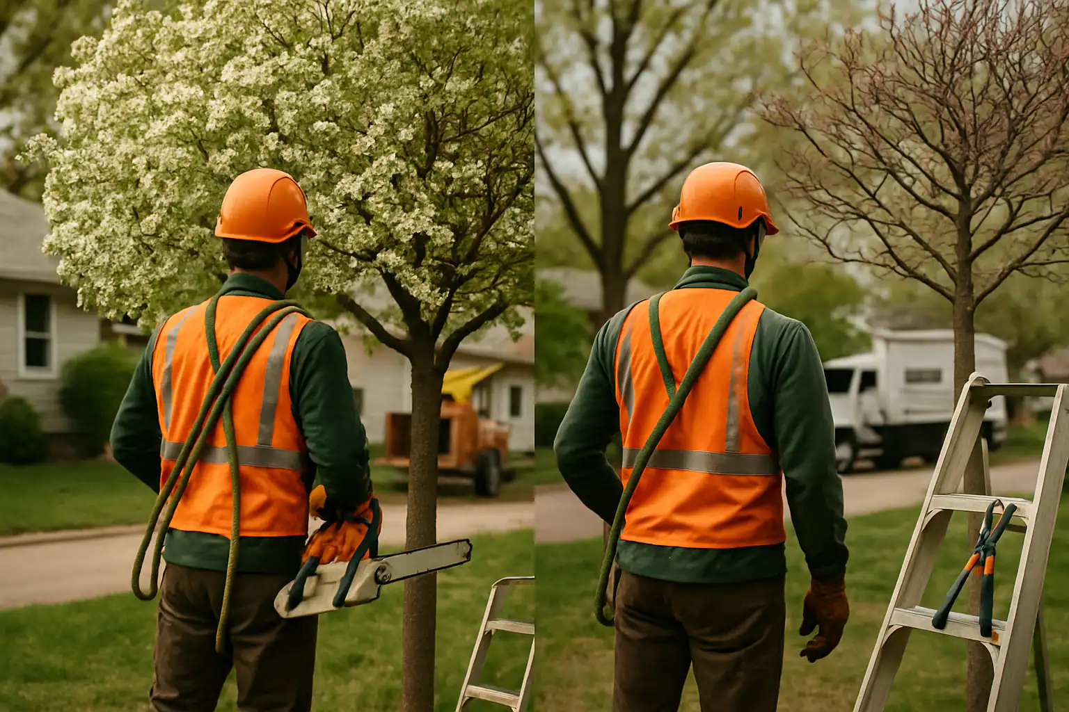 Arborist trimming branches high in a residential shade tree