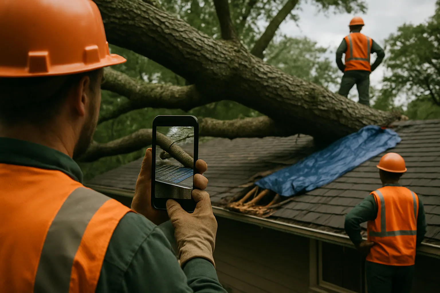 Fallen tree resting against a damaged house roof after a Missouri storm
