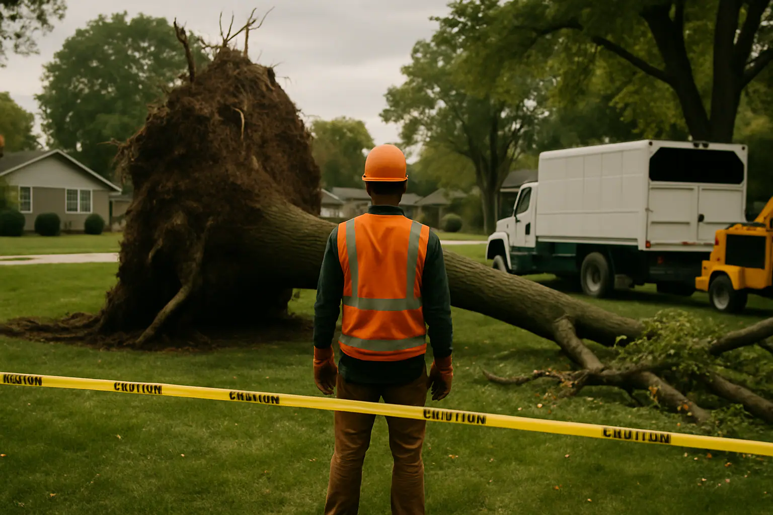 Fallen tree blocking a residential yard after a thunderstorm