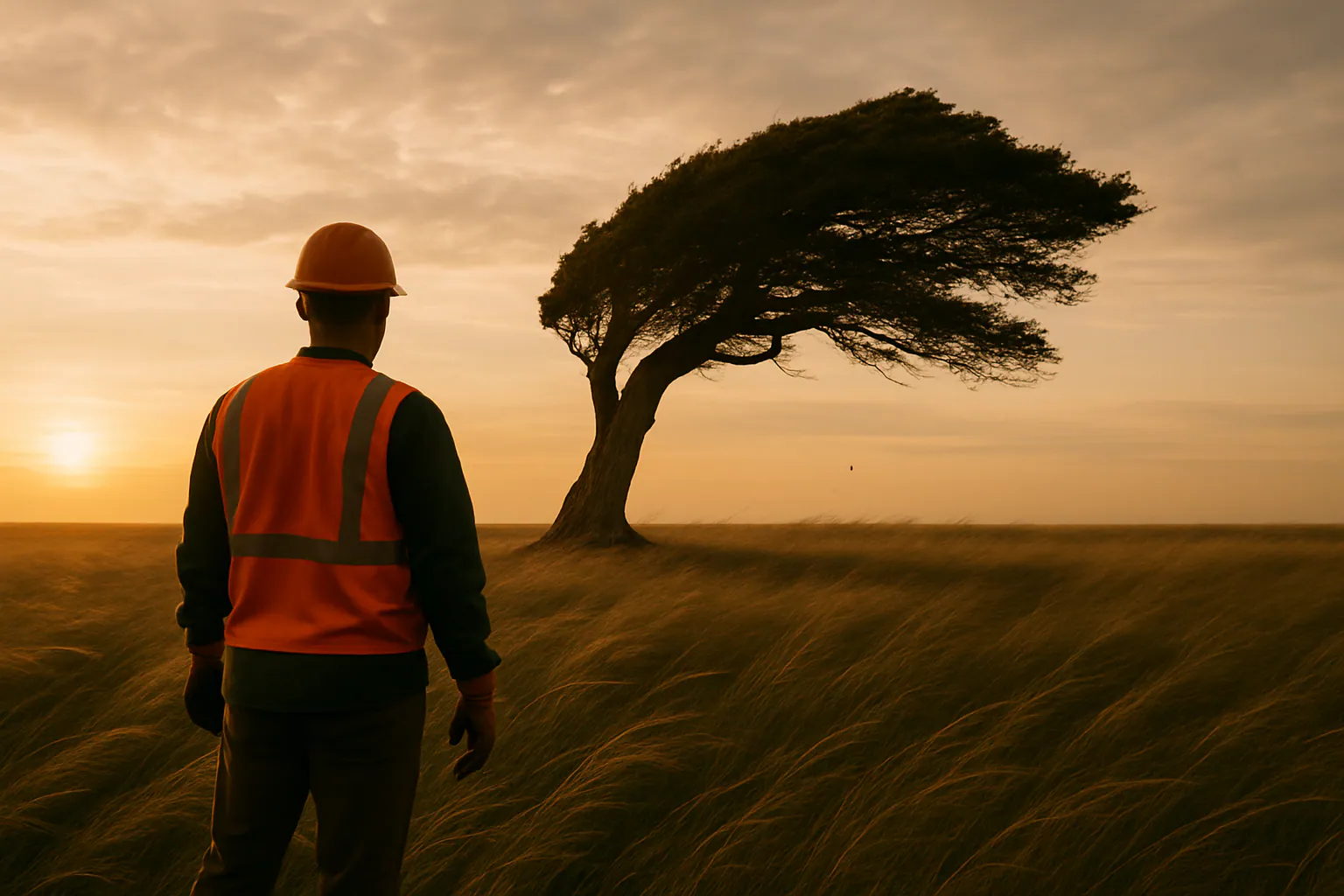 Wind-shaped trees leaning away from open Missouri farmland