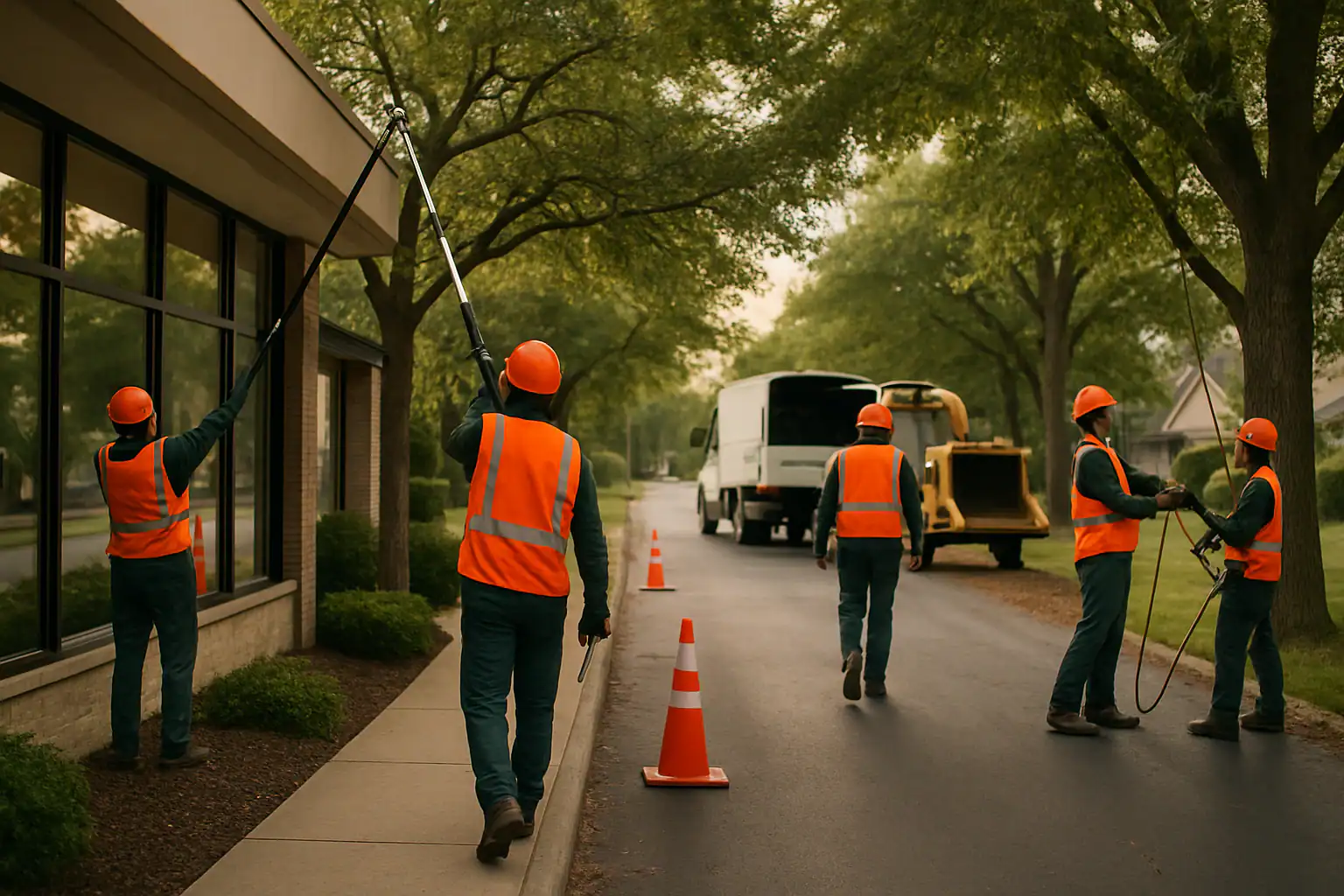 Commercial tree crew maintaining trees along a business entrance drive