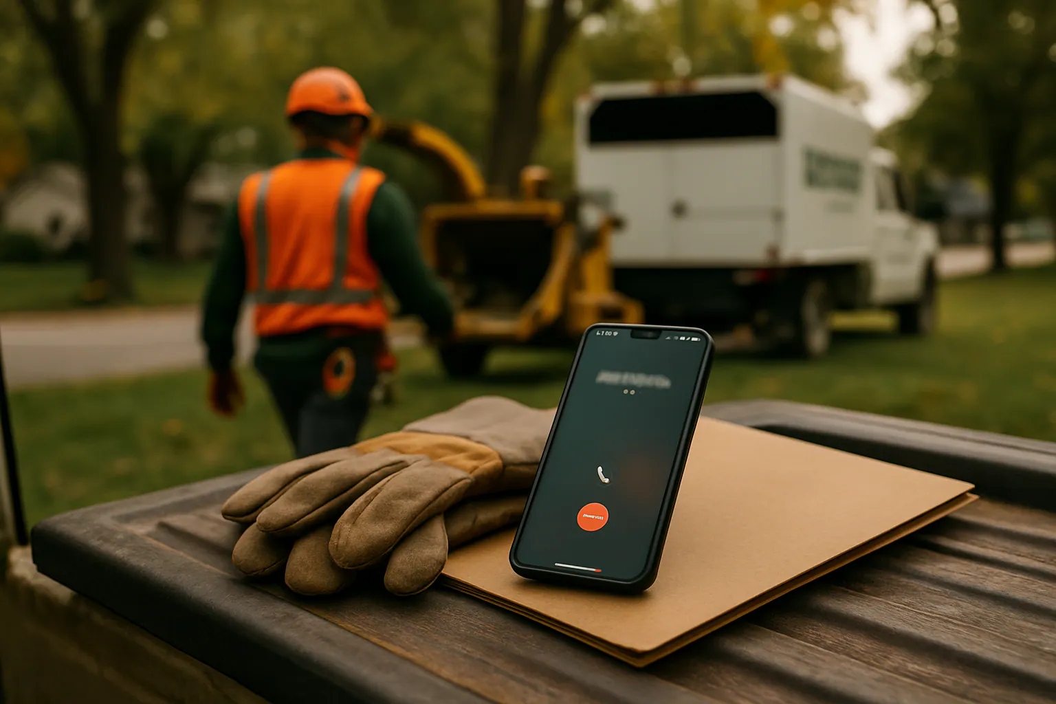 Phone and notebook beside tree service scheduling materials