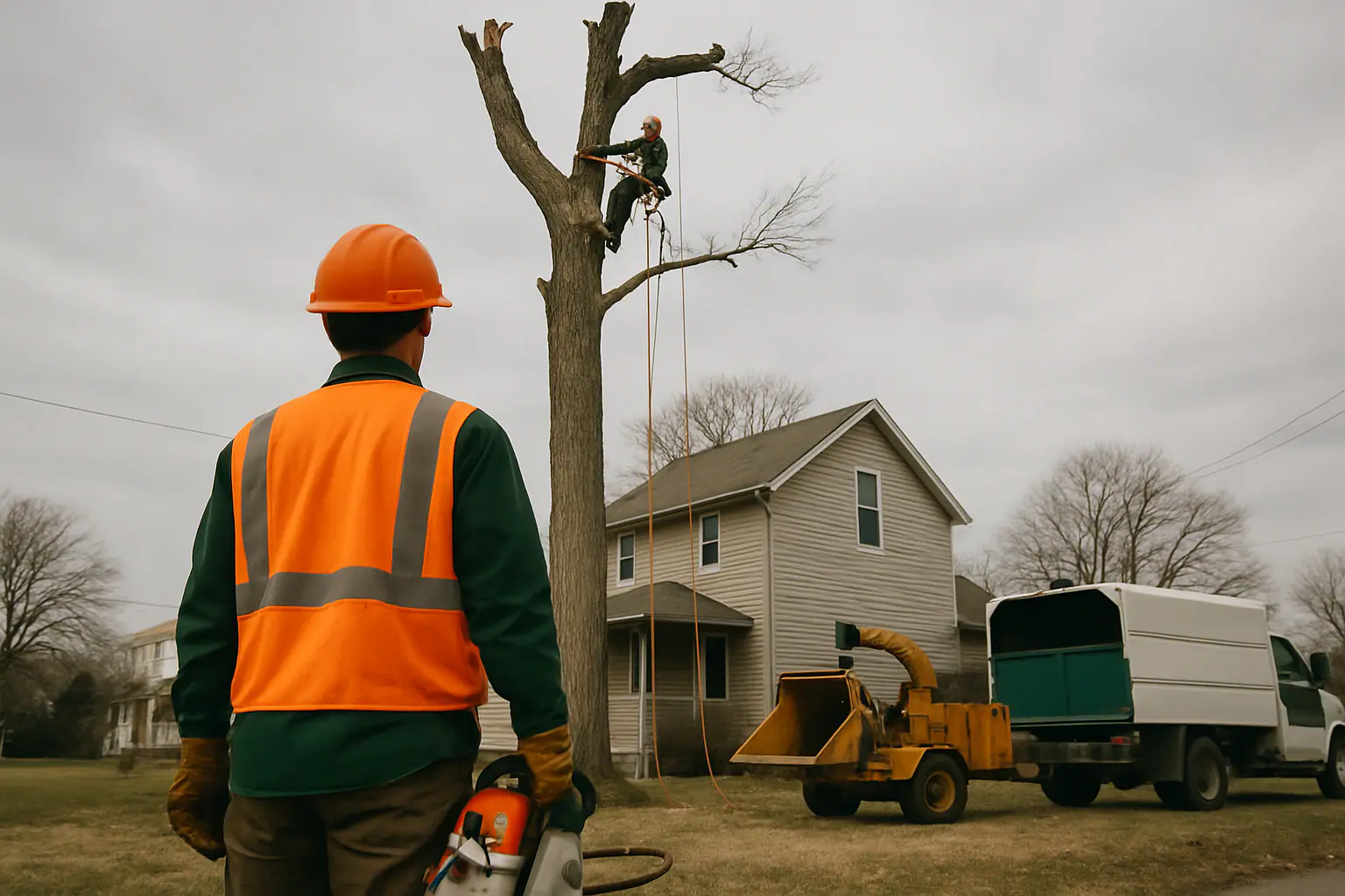 Leafless dead tree being removed beside a rural Missouri home
