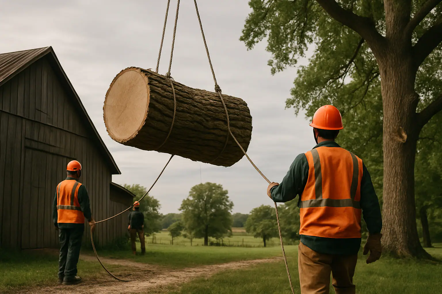 Rigged sections of a large cottonwood being lowered carefully in a Missouri yard