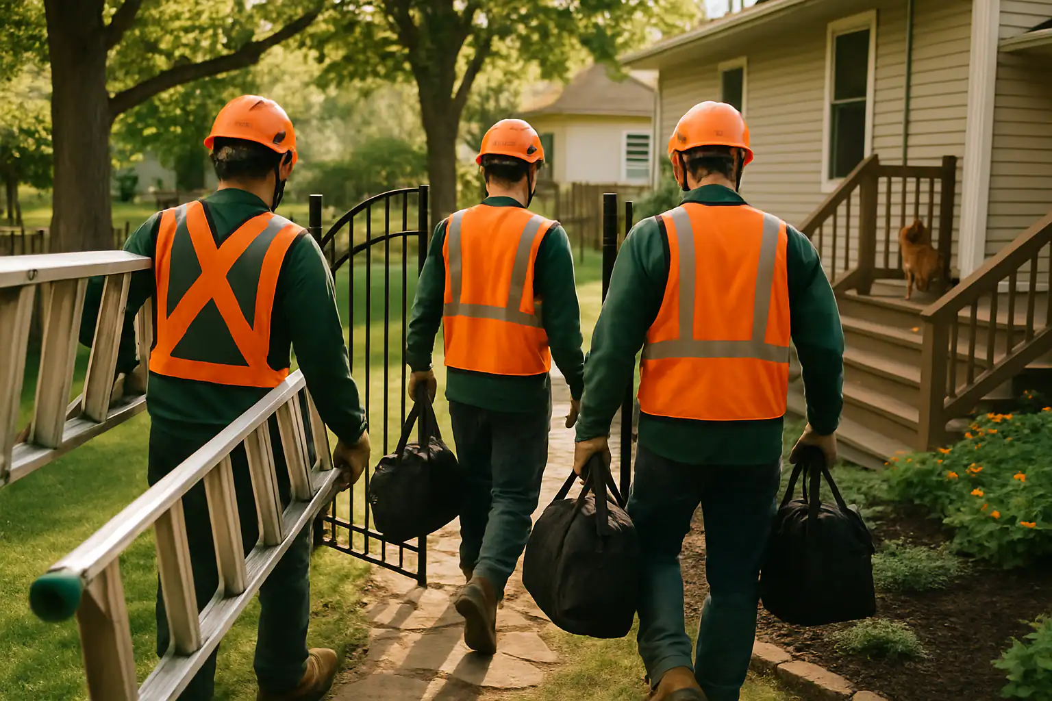 Tree crew working safely in a fenced residential backyard in Missouri