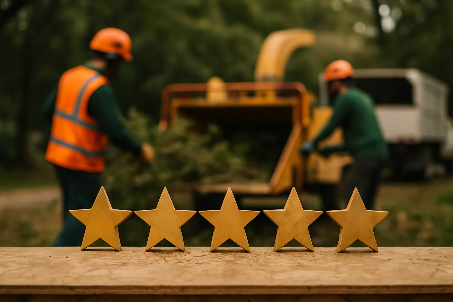 Five-star rating concept with tree service work in background