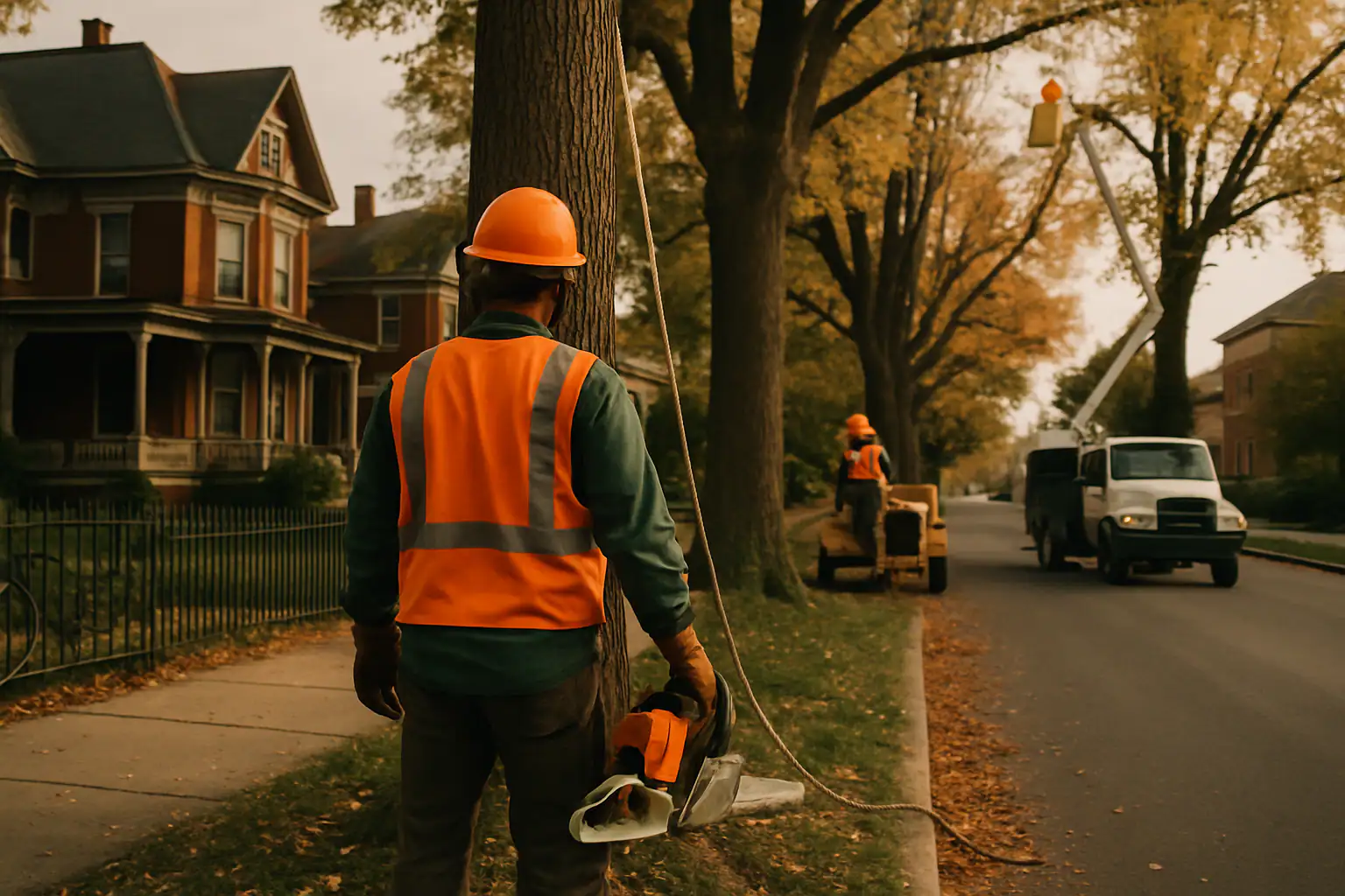 Mature street trees over an older neighborhood in Marshall, Missouri