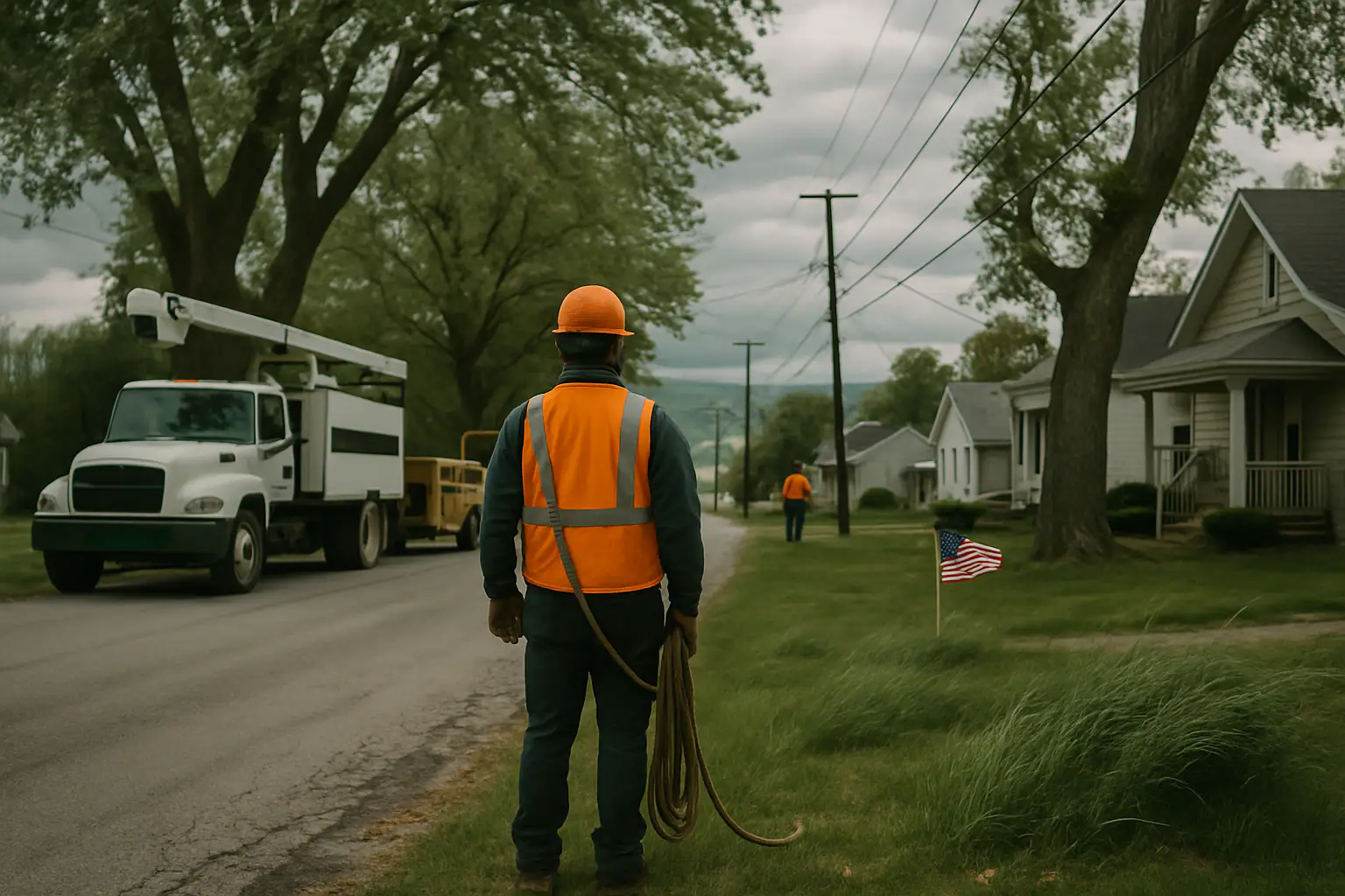 Mature trees over residential streets in Wellington, Missouri