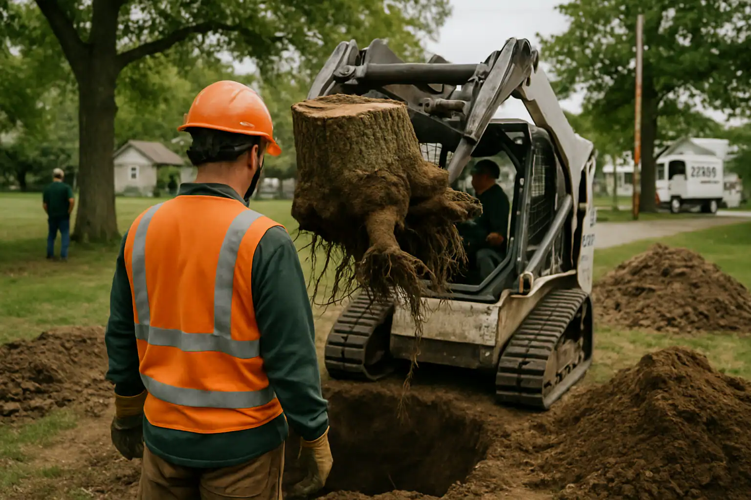 Crew extracting a tree stump and main roots with heavy equipment