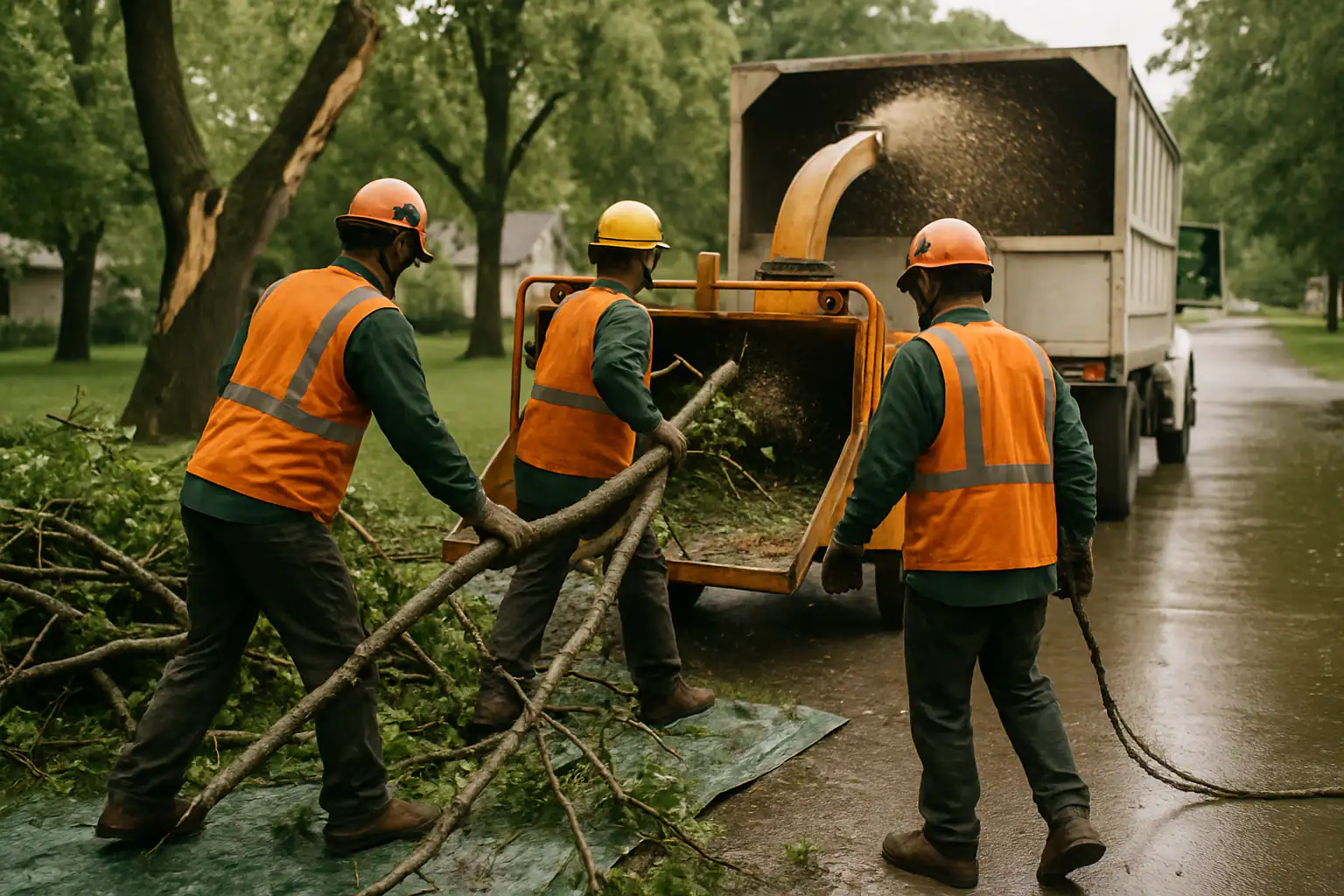 Crew loading cut tree limbs into a brush chipper on a rural property