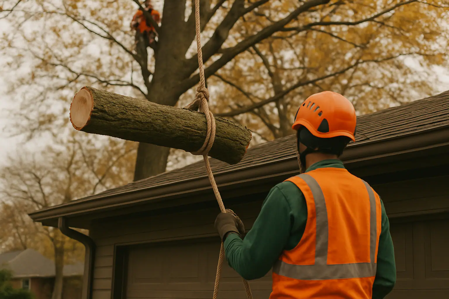 Rope-rigged tree section being lowered away from a house roofline