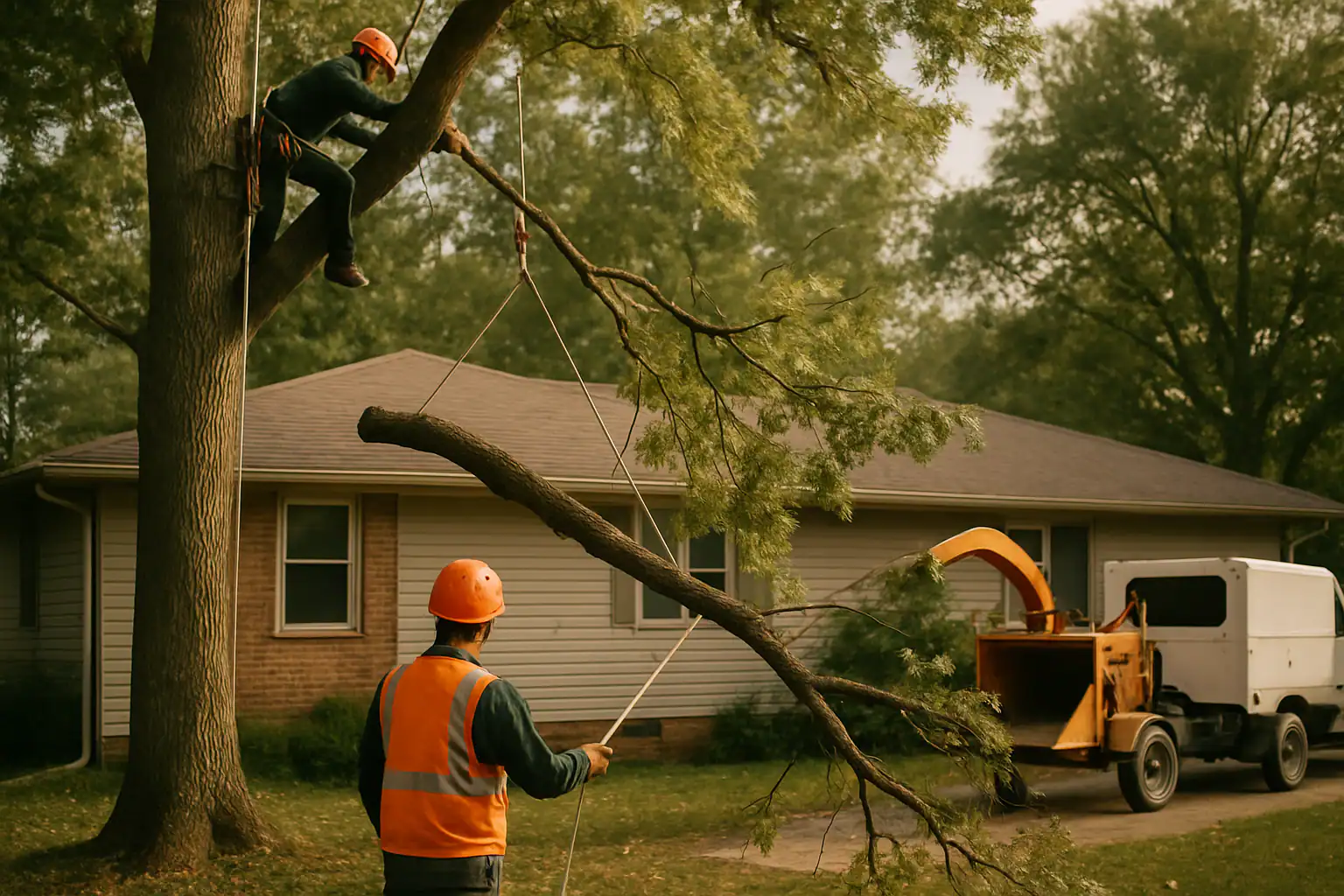 Tree service crew from Bramlett's working on mature shade trees in Corder, Missouri
